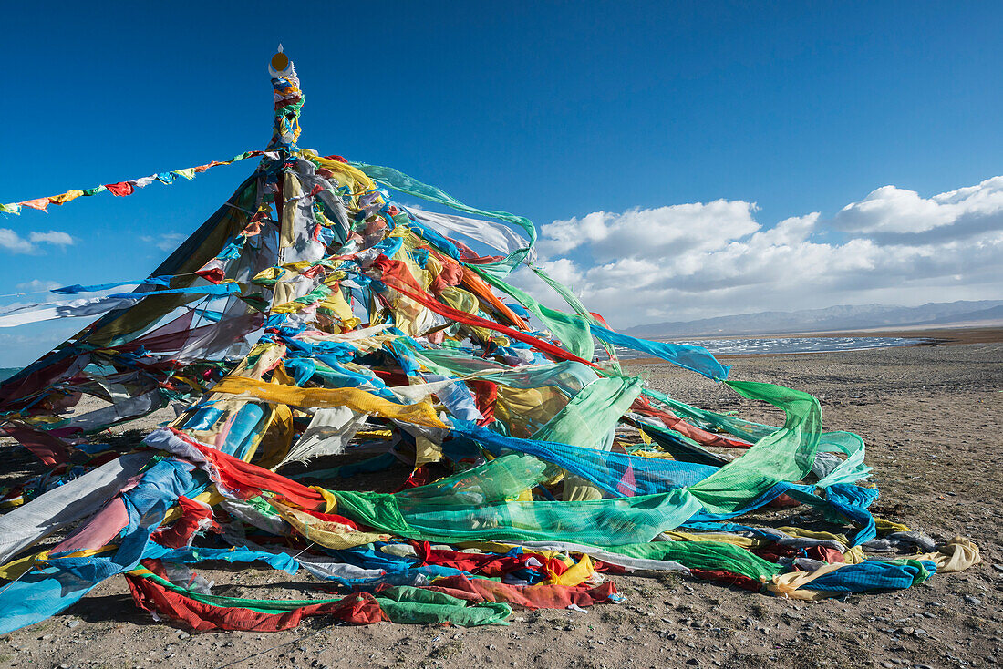 'Colourful Tibetan prayer flags (Lung ta) under the strong wind near Qinghai Lake; Qinghai province, Tibet'