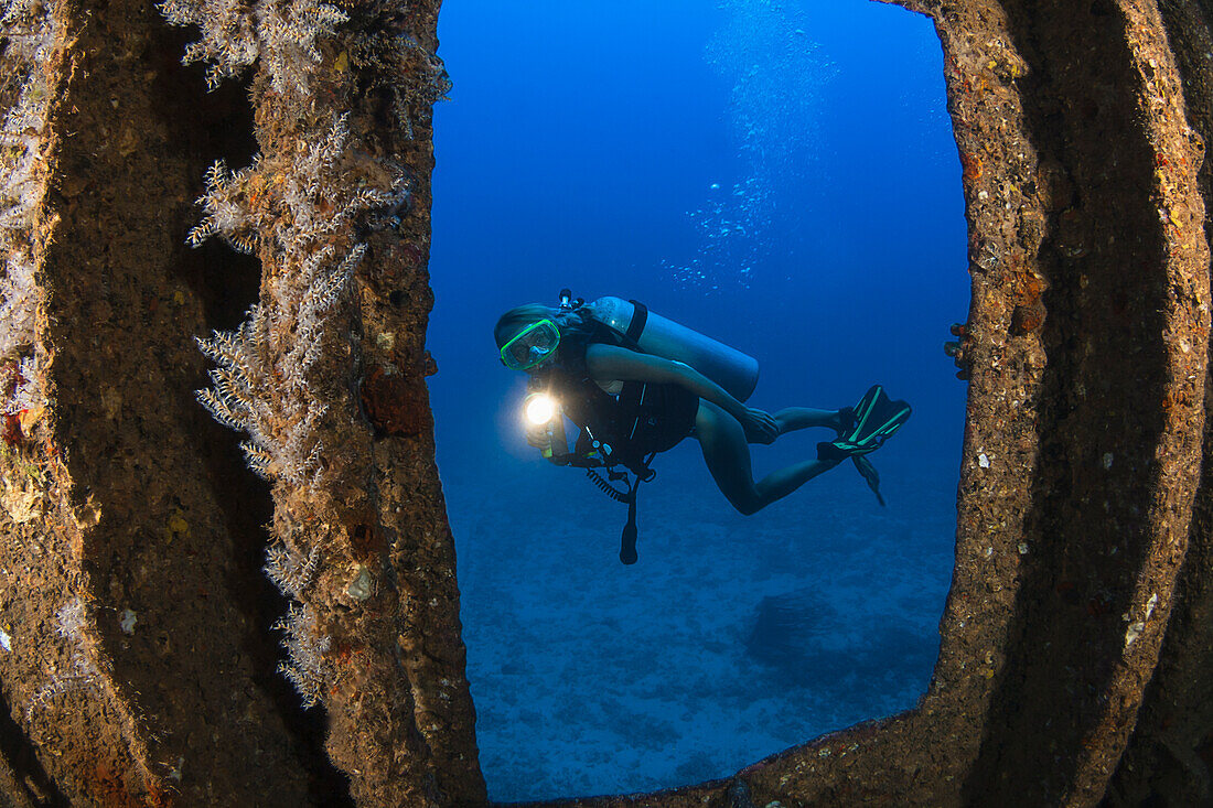 'A diver with a hand light outside of the wreck of the YO-257 off Waikiki Beach; Oahu, Hawaii, United States of America'