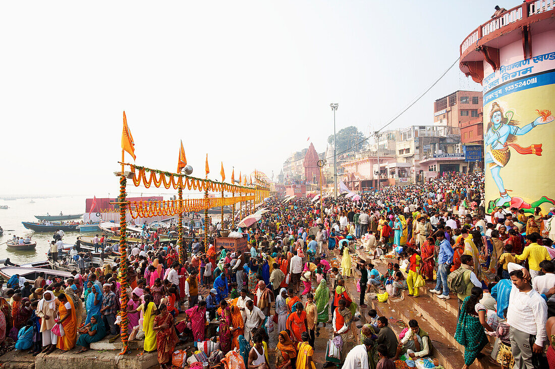 'Crowd of pilgrims at the ghats on the ganges; Varanasi, India'