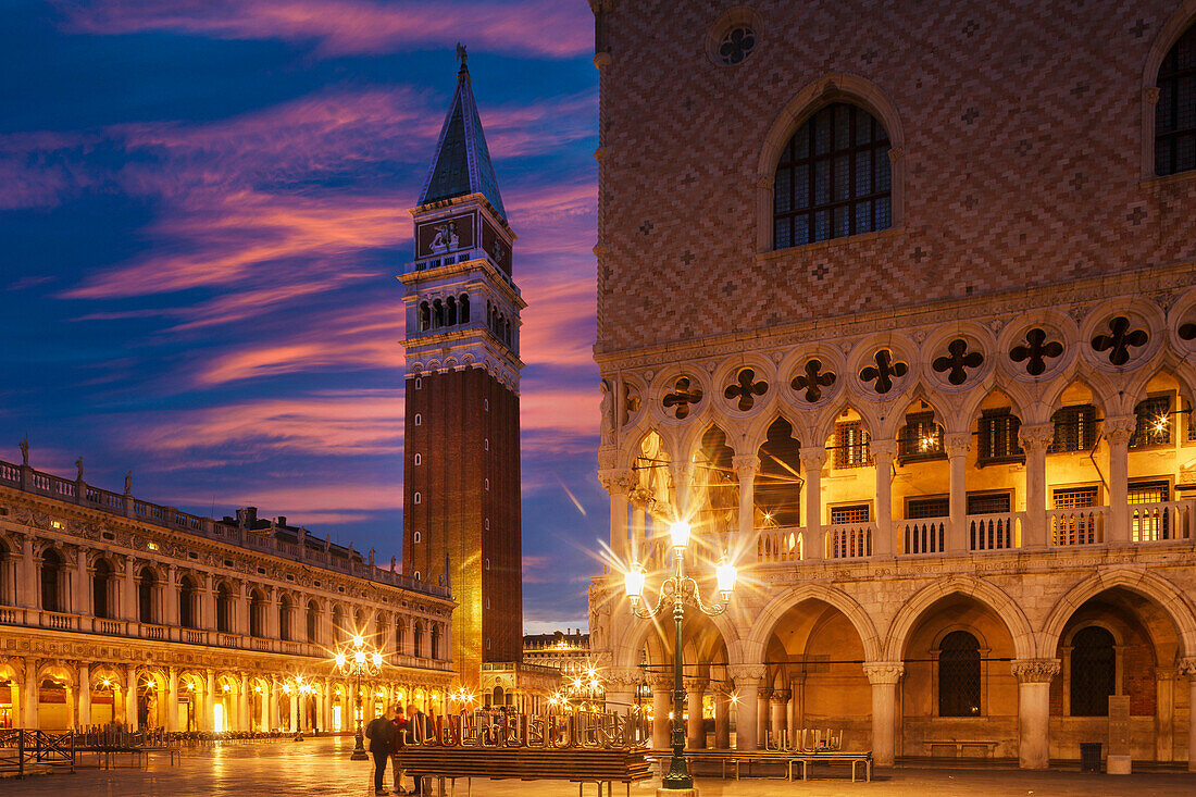 Doges Palace and Campanile after sunset, Venice, UNESCO World Heritage Site, Veneto, Italy, Europe