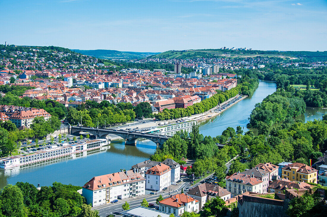 View over Wurzburg from Fortress Marienberg, Franconia, Bavaria, Germany, Europe