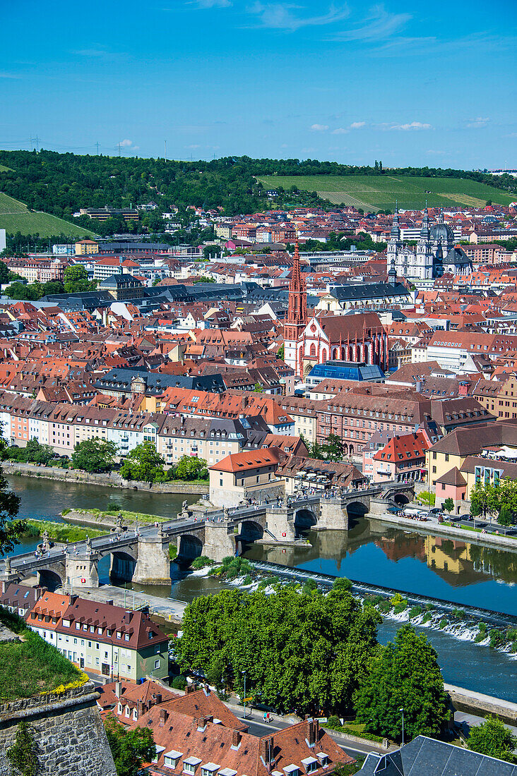 View over Wurzburg from Fortress Marienberg, Franconia, Bavaria, Germany, Europe