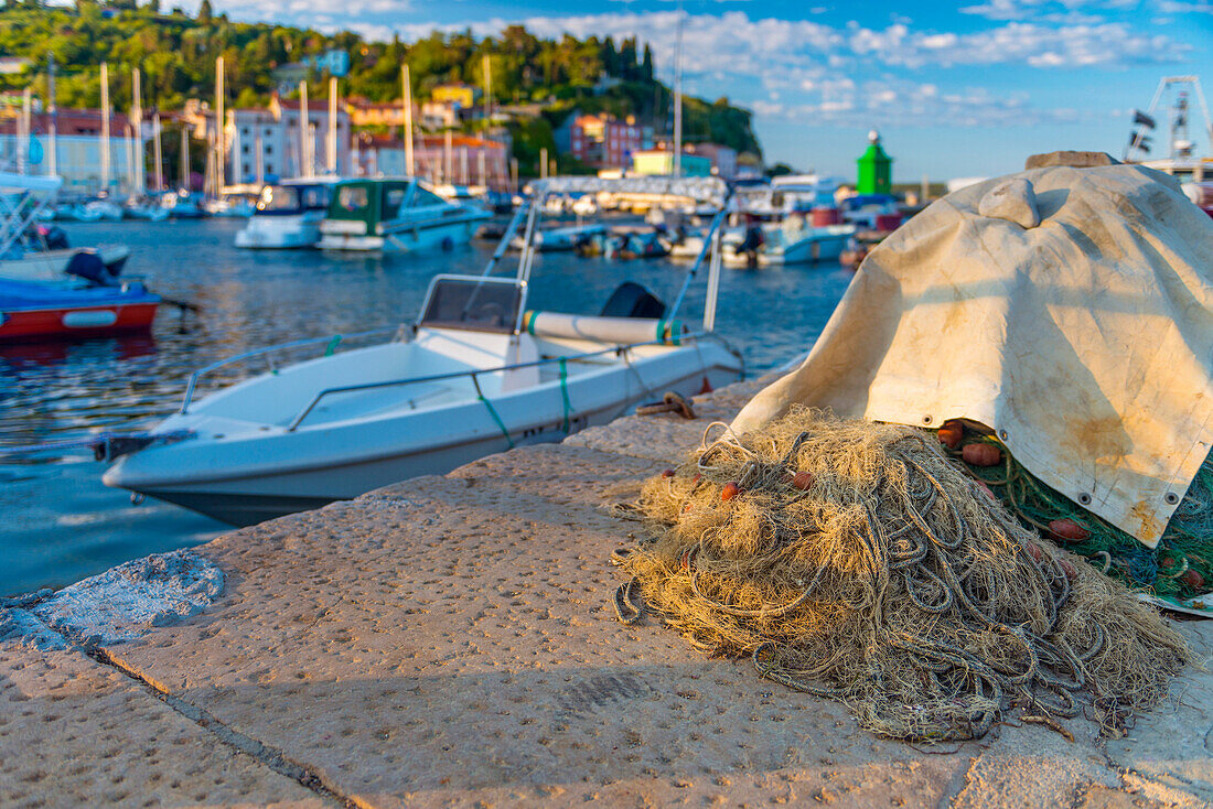 Fishing nets, Old Town Harbour, Piran, Primorska, Slovenian Istria, Slovenia, Europe