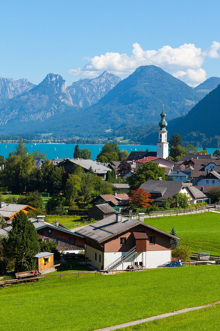 Elevated view over St. Gilgen, Wolfgangsee, Flachgau, Salzburger Land, Upper Austria, Austria, Europe