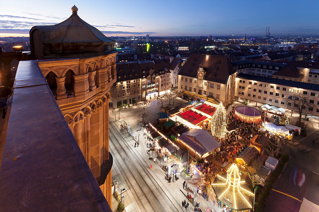View from Kilianskirche church of Christmas fair in the marketplace, town Hall with astronomical clock, Heilbronn, Baden Wurttemberg, Germany, Europe