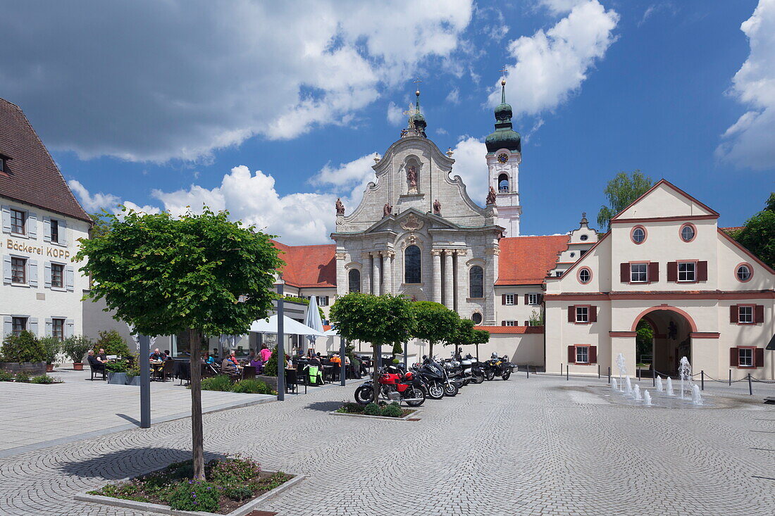 Street cafe in front of Baroque cathedral, Zwiefalten Monastery, Swabian Alb, Baden Wurttemberg, Germany, Europe