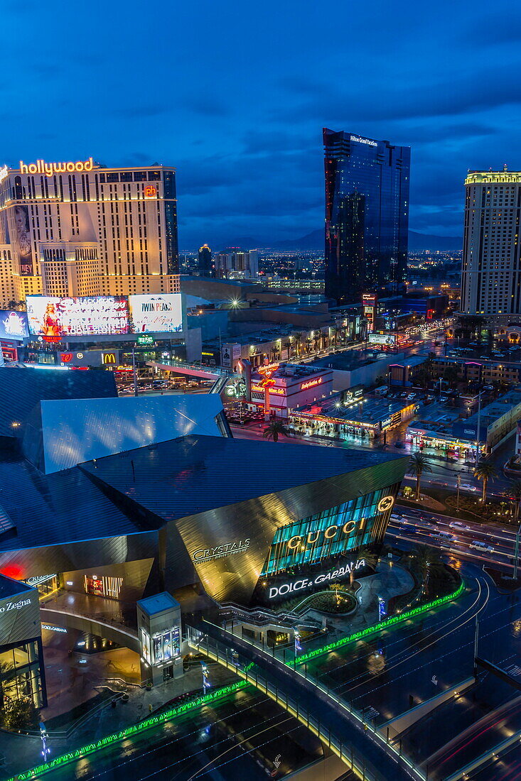 Crystals and The Strip at dusk, Las Vegas, Nevada, United States of America, North America