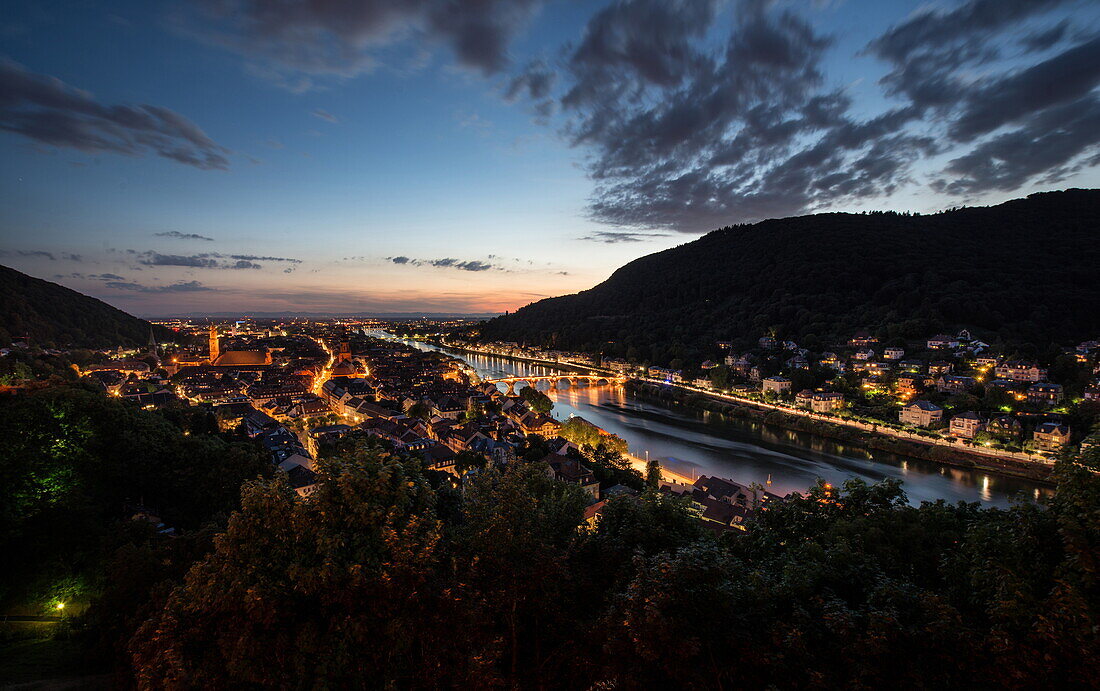 Heidelberg's Old Town with Neckar River, Alte Brucke and Heiligenberg, Heidelberg, Baden-Wurttemberg, Germany, Europe