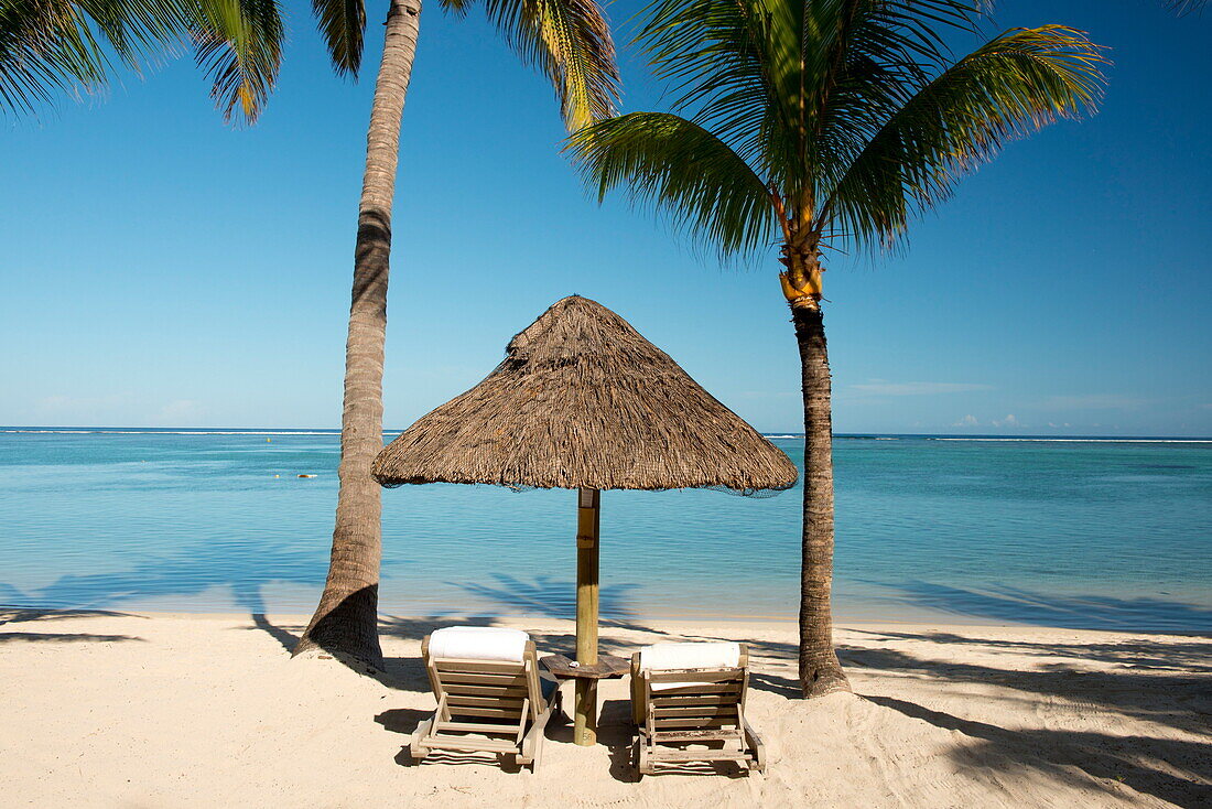 Palm trees and white sand beach near the Lux Le Morne Hotel on Le Morne Brabant Peninsula, Mauritius, Indian Ocean, Africa