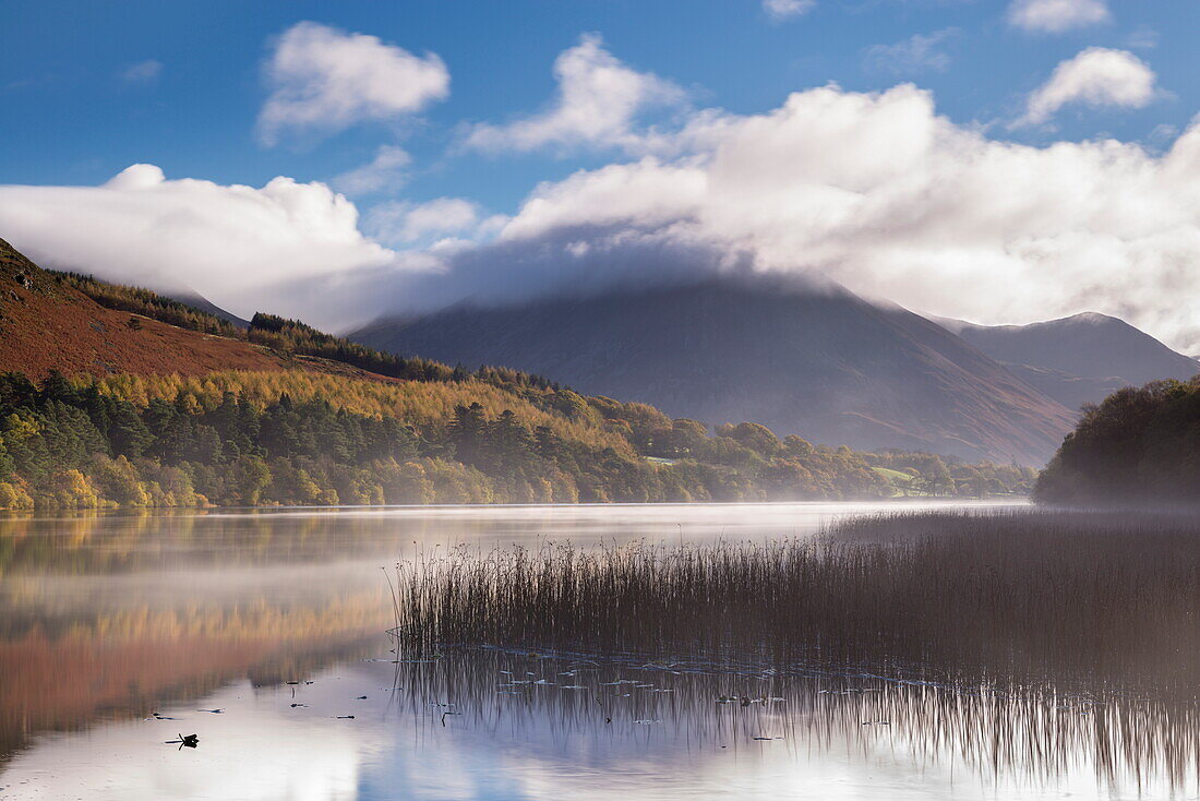 Mist clears over Loweswater on a beautiful autumn morning, Lake District National Park, Cumbria, England, United Kingdom, Europe