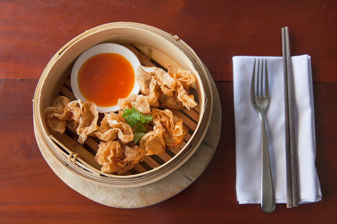 Prawn wrapped in fried rice paper at The Waterfront restaurant, Da Nang, Vietnam, Indochina, Southeast Asia, Asia