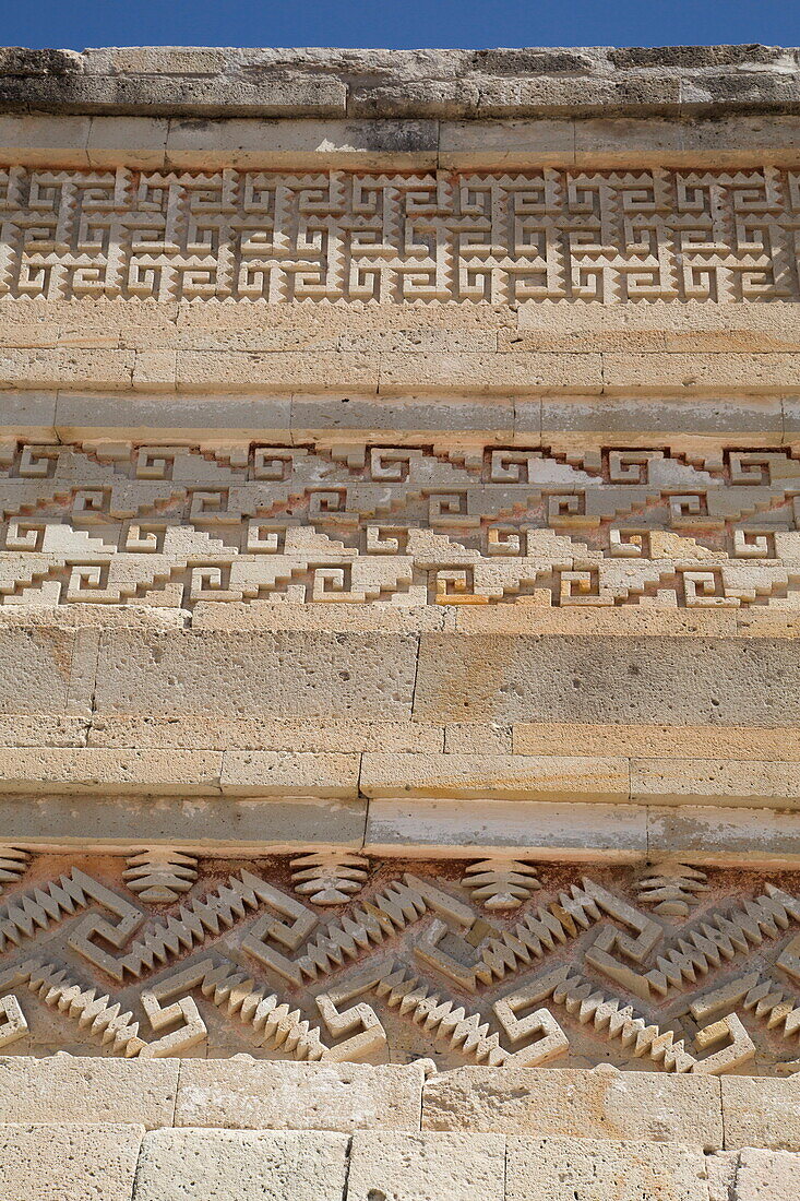 Walls of mosaic fretwork and geometric designs, Mitla Archaeological Site, San Pablo de Mitla, Oaxaca, Mexico, North America
