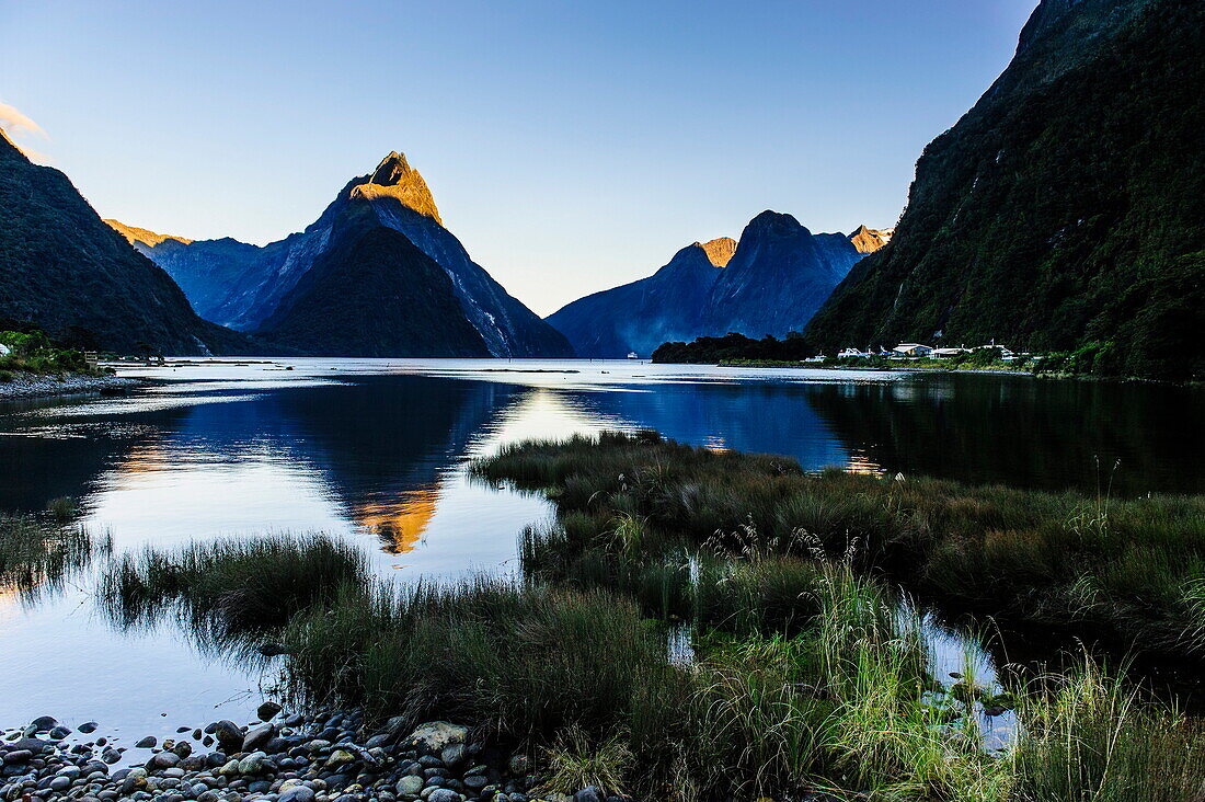 Early morning light in the Milford Sound, Fiordland National Park, UNESCO World Heritage Site, South Island, New Zealand, Pacific