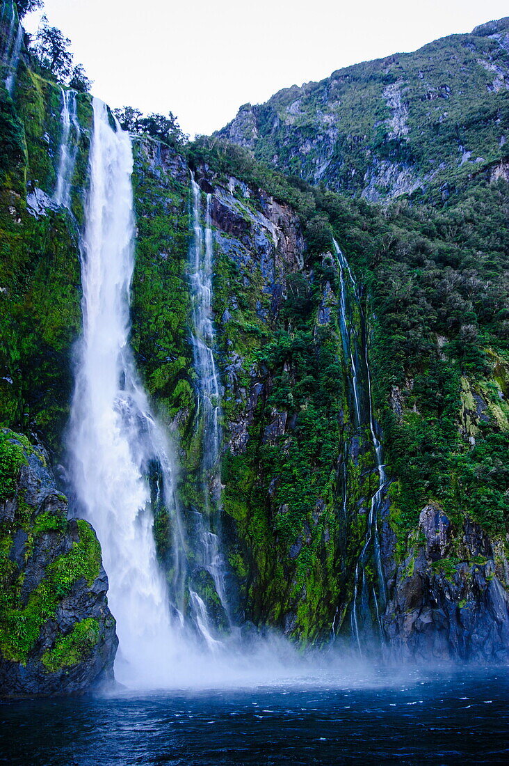 Huge waterfall in Milford Sound, Fiordland National Park, UNESCO World Heritage Site, South Island, New Zealand, Pacific