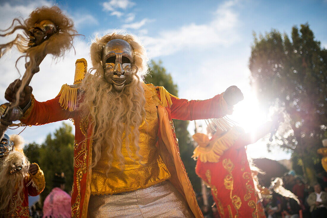 Dancers in traditional costume, Fiesta de la Virgen de la Candelaria, Copacabana, Lake Titicaca, Bolivia, South America