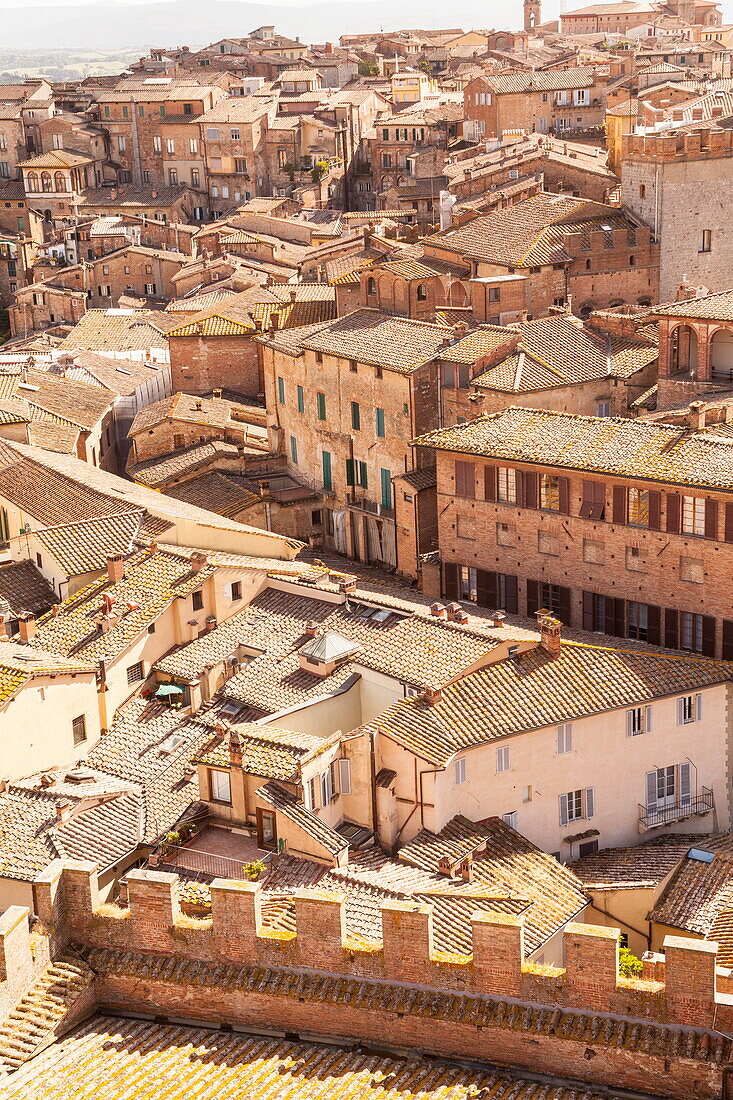 The view over the rooftops of Siena from Torre del Mangia, UNESCO World Heritage Site, Siena, Tuscany, Italy, Europe