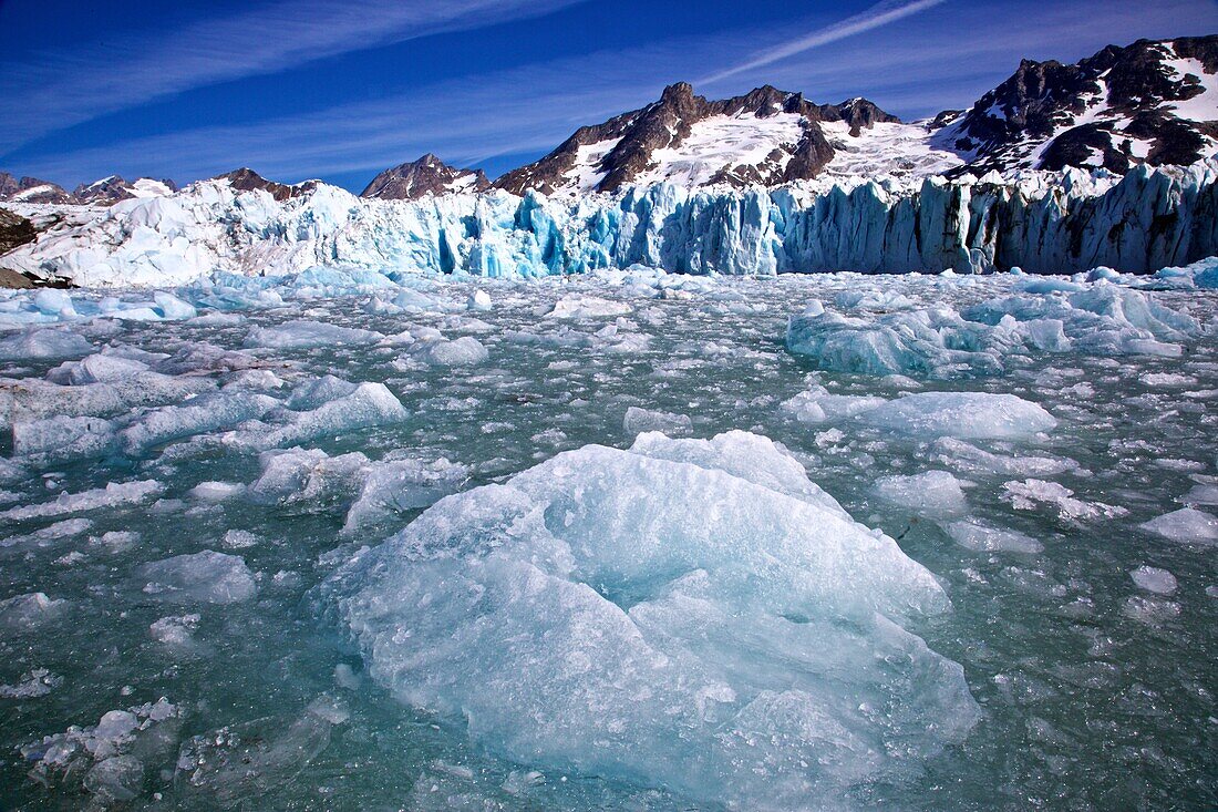 chunks of ice falling in front of the Knud Rasmussen Glacier, East Greenland, Greenland