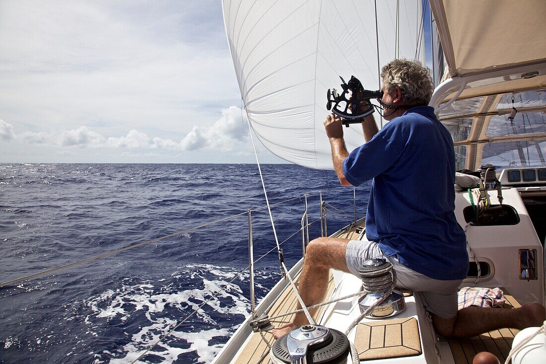 Sailor navigating with a Sextant, Sailing boat, yacht, Sailing