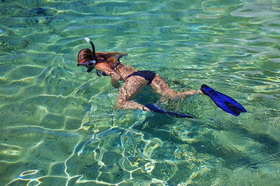 Young woman snorkeling in shallow water