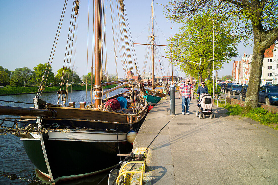Traditional sailing ships ancoring in harbor museum, Lubeck, Schleswig-Holstein, Germany