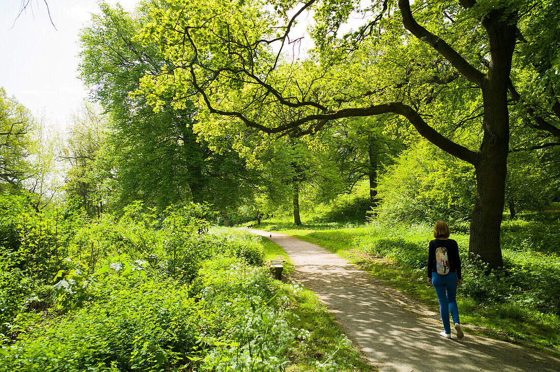 Frau geht im Stadtpark spazieren, Wallanlagen, Lübeck, Schleswig-Holstein, Deutschland