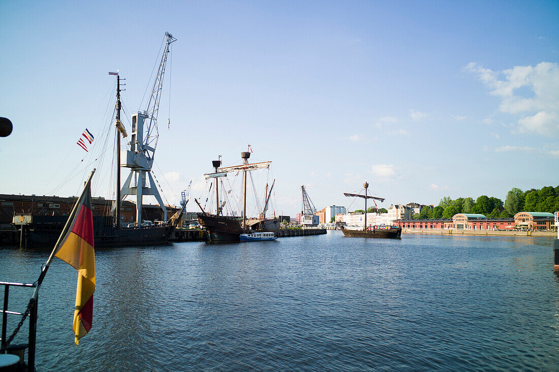 Traditional sailing ships on the river Trave, harbor museum, Lubeck, Schleswig-Holstein, Germany