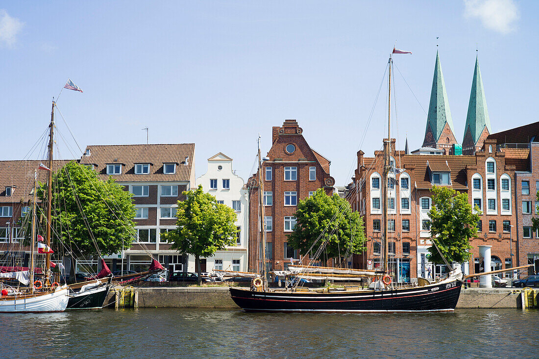 Traditional sailing ship on the river Trave, museum harbor, Lubeck, Schleswig-Holstein, Germany