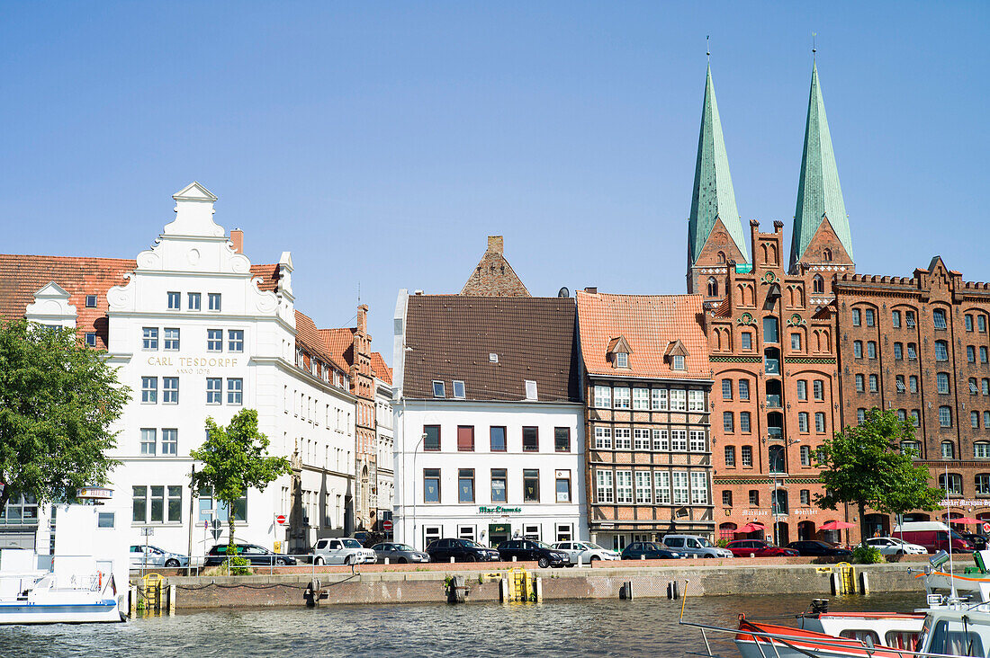 View over river Trave to historic city with church of St. Mary, Lubeck, Schleswig-Holstein, Germany