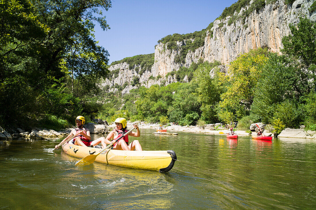 Canoing on river Herault, Herault gorge, Saint-Bauzille-de-Putois, Ganges, Herault, Languedoc-Roussillon, France