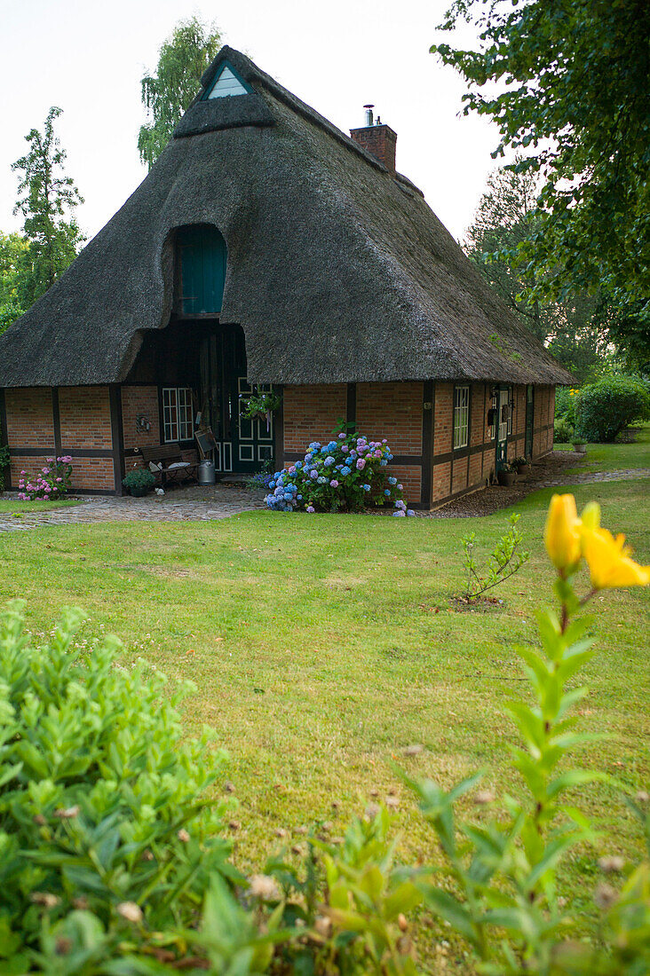 Thatched-roof house, Barsbek, Probstei, Schleswig-Holstein, Germany