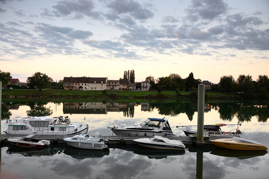 Tournus on the banks of the river Saone with reflection, Saon-et-Loire, Burgundy, France