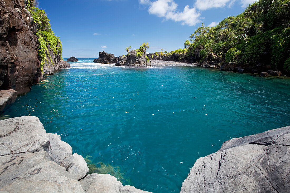 Hawaii, Maui, Hana, View of Venus Pool, Pacific Ocean in distance.