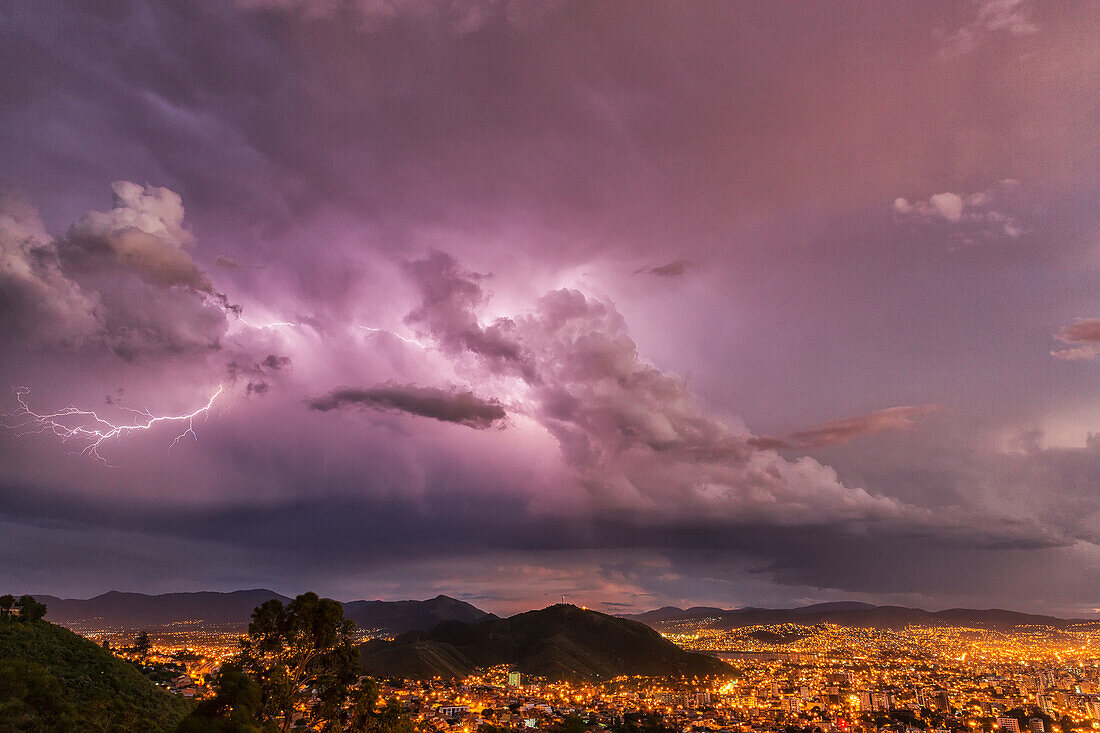 'Lightning in the night skies above the city of Cochabamba; Cochabamba, Bolivia'