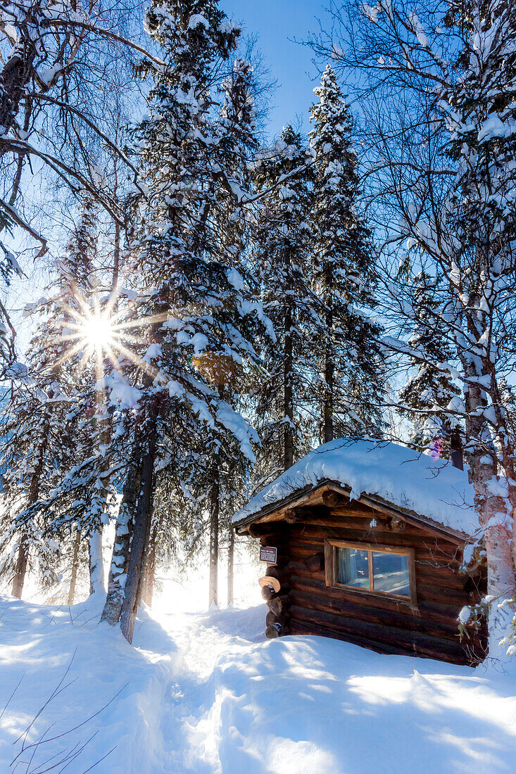 'View of a public use log cabin at Byers Lake in fresh snow under a sun burst, Interior Alaska; Alaska, United States of America'