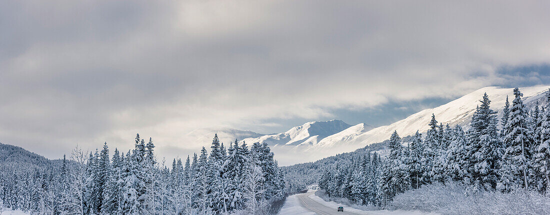 Clouds clearing over Seward Highway from the Kenai Mountains above Turnagain Pass after a winter snow storm, fresh snow in the trees, early morning sun, Turnagain Pass, Chugach National Forest, Southcentral Alaska, USA.