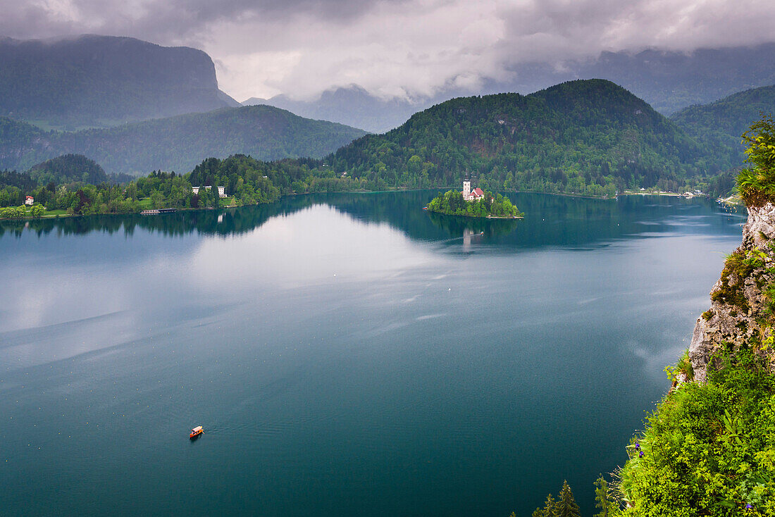 View of Lake Bled from Lake Bled Castle, Bled, Julian Alps, Gorenjska, Upper Carniola Region, Slovenia, Europe