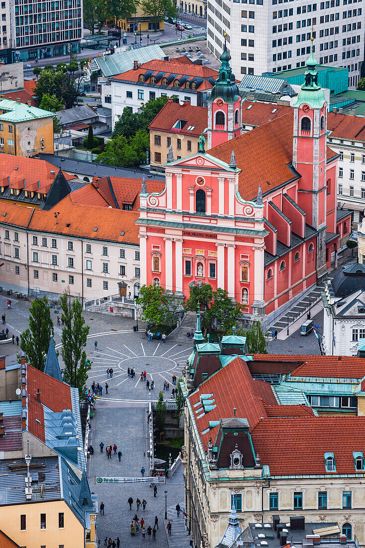 Franciscan Church of the Annunciation, across the Triple Bridge in Preseren Square, seen from Ljubljana Castle, Slovenia, Europe