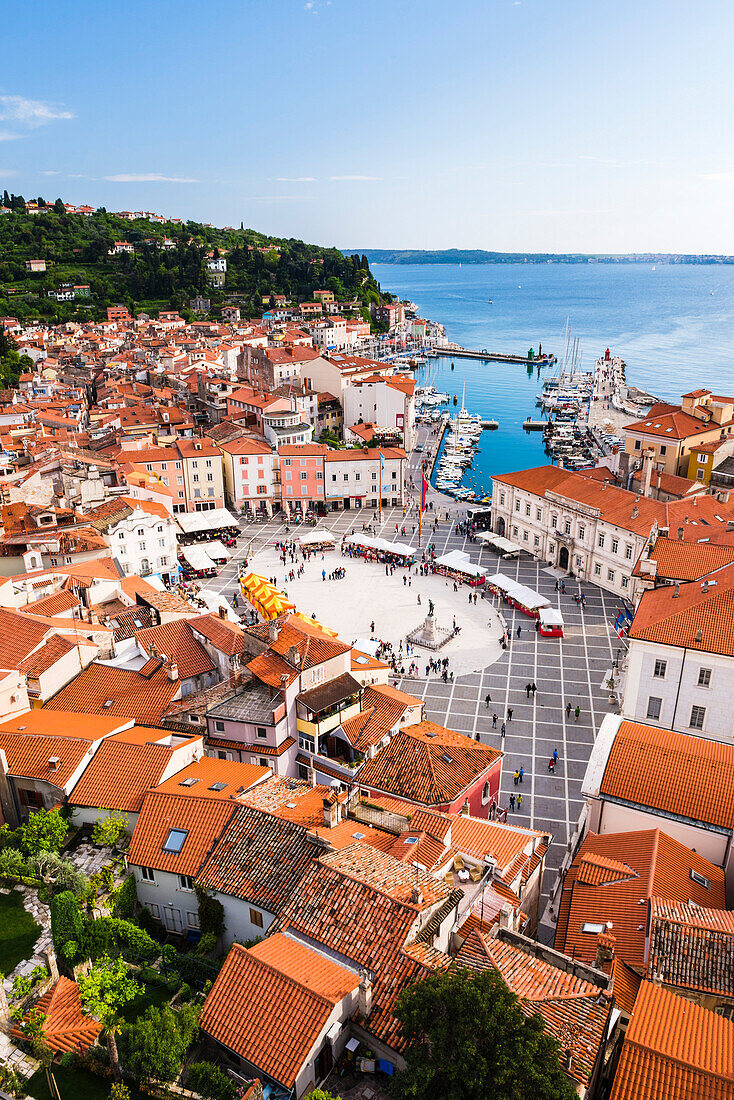 Piran and Tartini Square, seen from Church of St. George, Piran, Primorska, Slovenian Istria, Slovenia, Europe