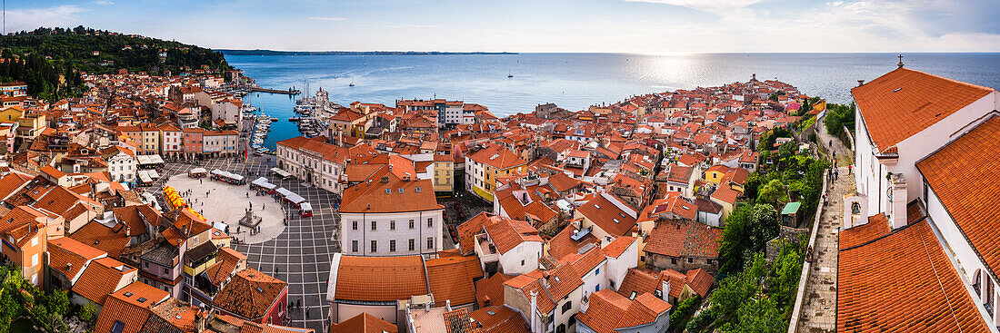 Tartini Square on left and Church of St. George on right, seen from Church of St. George bell tower, Piran, Primorska, Slovenian Istria,  Slovenia, Europe