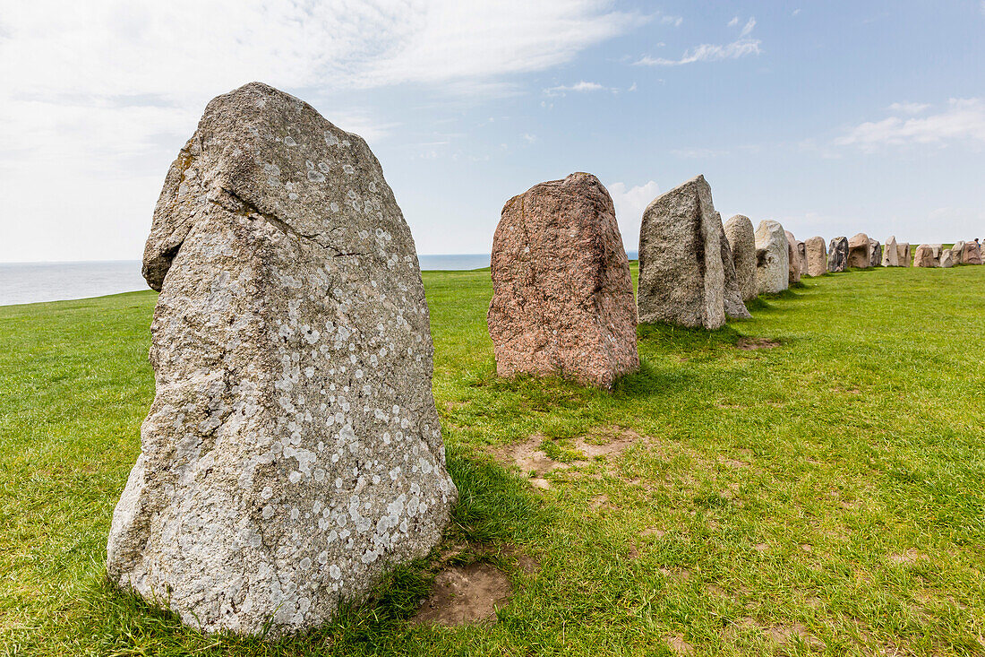 The standing stones in a shape of a ship known as Als Stene (Aleos Stones) (Ale's Stones), Baltic Sea, southern Sweden, Scandinavia, Europe