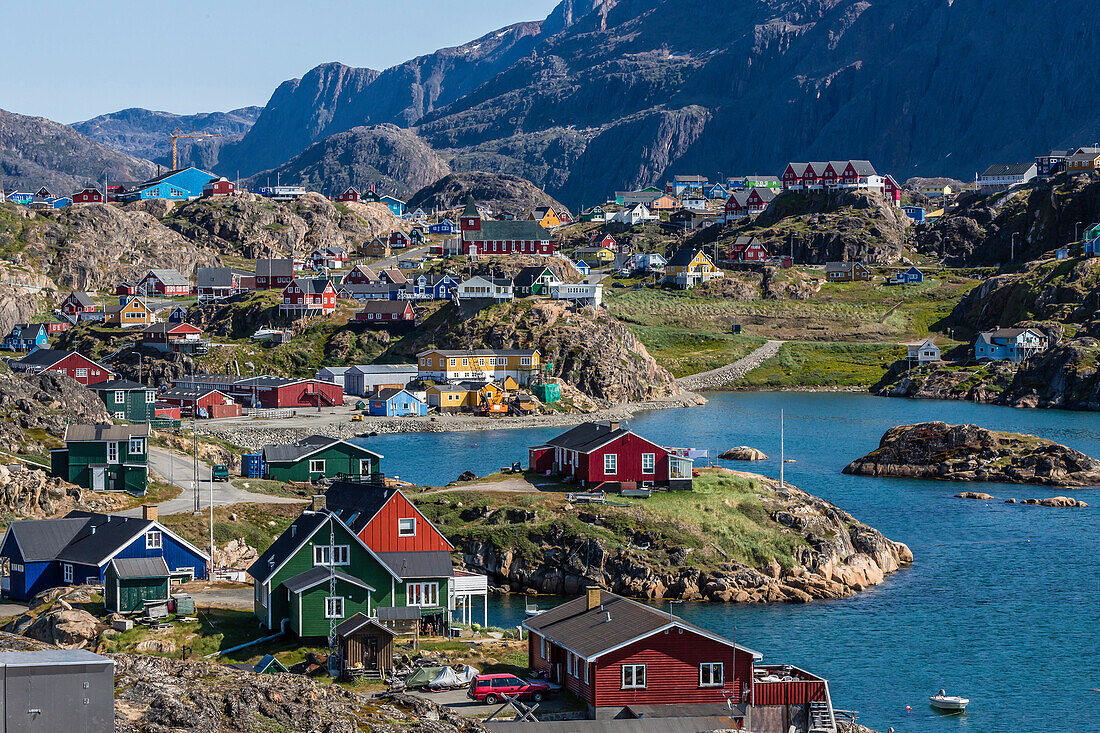 View of the brightly colored houses in Sisimiut, Greenland, Polar Regions