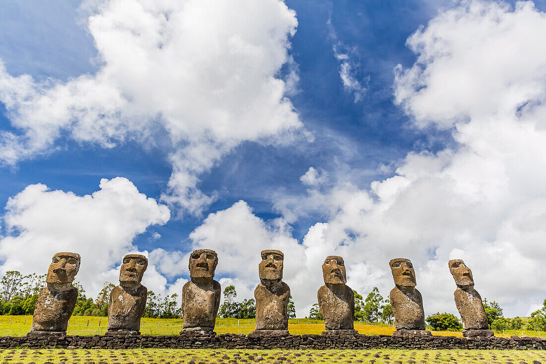 Seven Moai at Ahu Akivi, the first restored altar, Rapa Nui National Park, UNESCO World Heritage Site, Easter Island (Isla de Pascua), Chile, South America