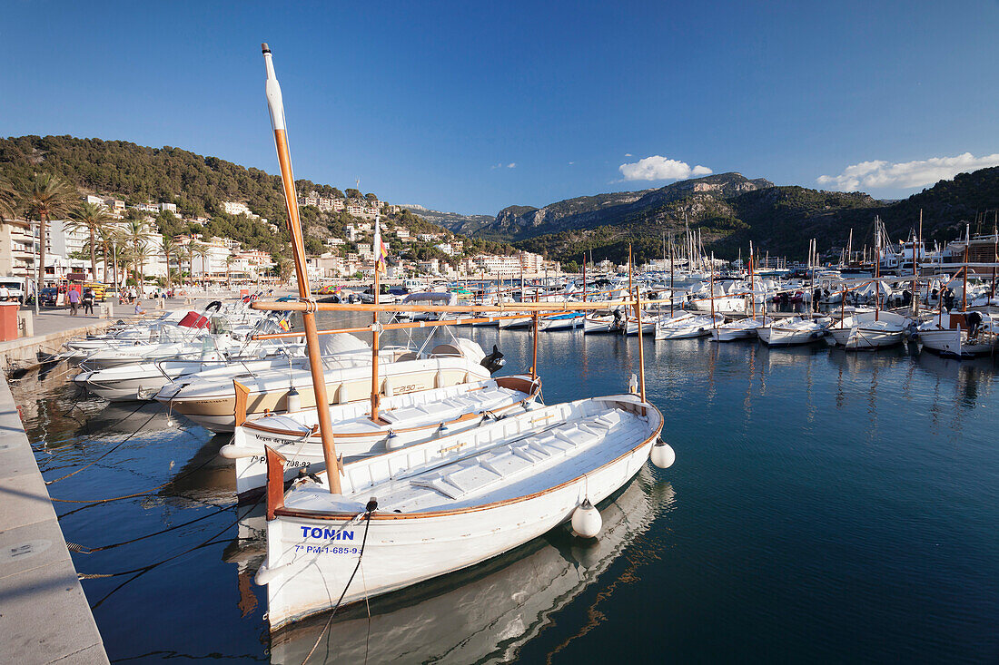 Fishing boats at harbour, Port de Soller, Majorca (Mallorca), Balearic Islands, Spain, Mediterranean, Europe