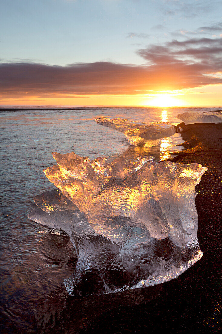 Icebergs at sunset on Jokulsa Beach, on the edge of the Vatnajokull National Park, South Iceland, Iceland, Polar Regions