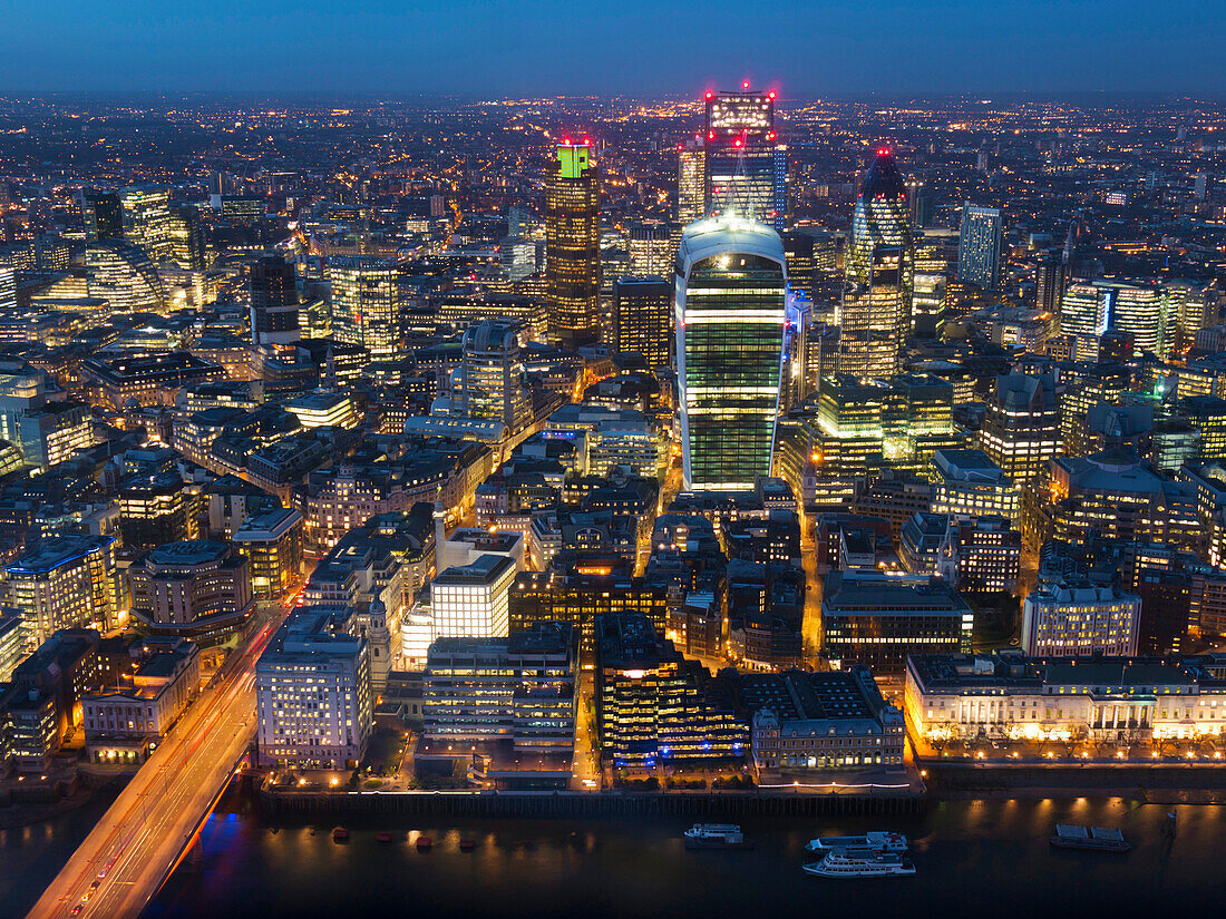 Aerial London Cityscape dominated by Walkie Talkie tower at dusk, London, England, United Kingdom, Europe