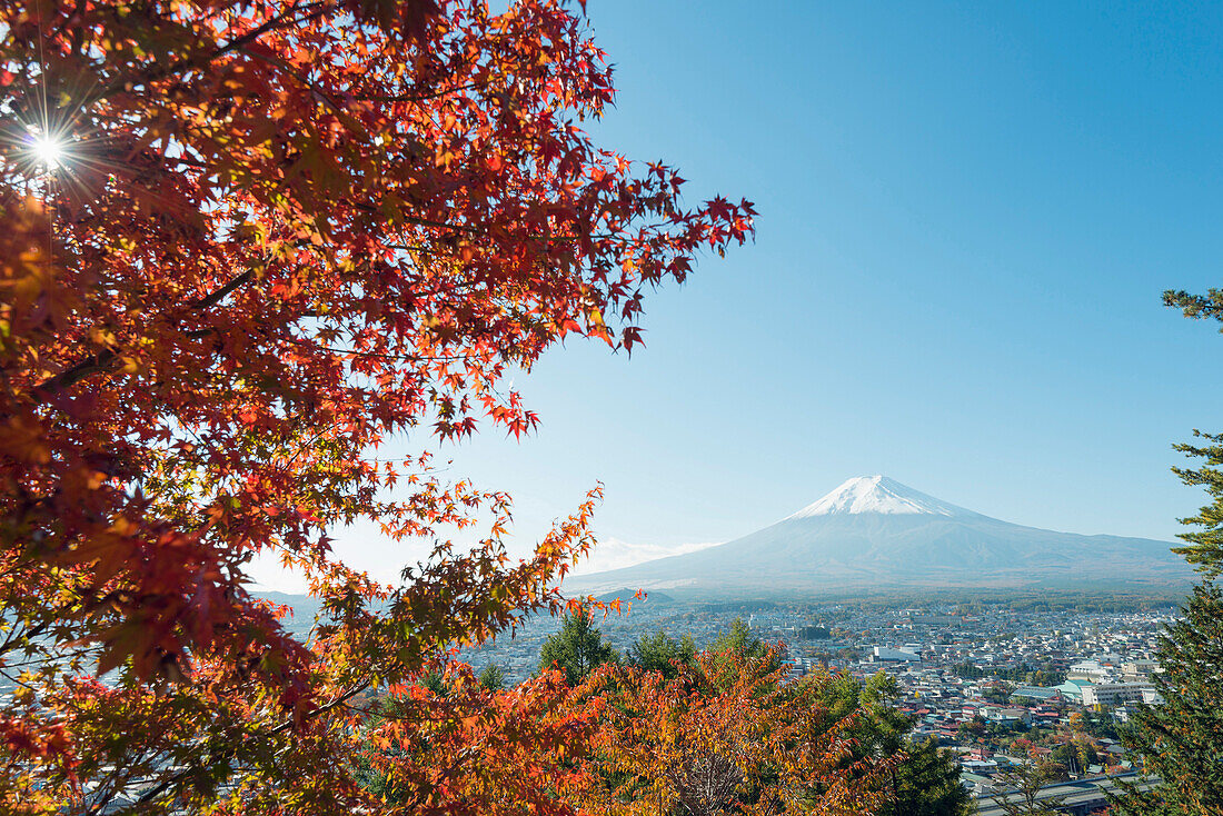 Mount Fuji, 3776m, UNESCO World Heritage Site, and autumn colours, Honshu, Japan, Asia