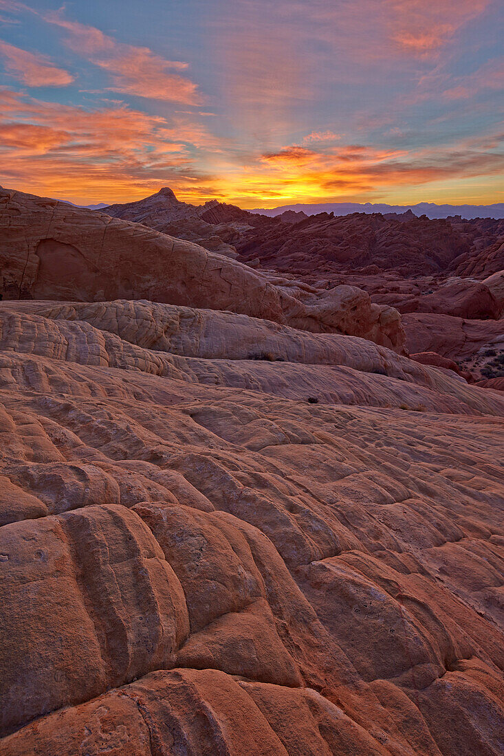 Fiery sunrise above sandstone formations, Valley of Fire State Park, Nevada, United States of America, North America