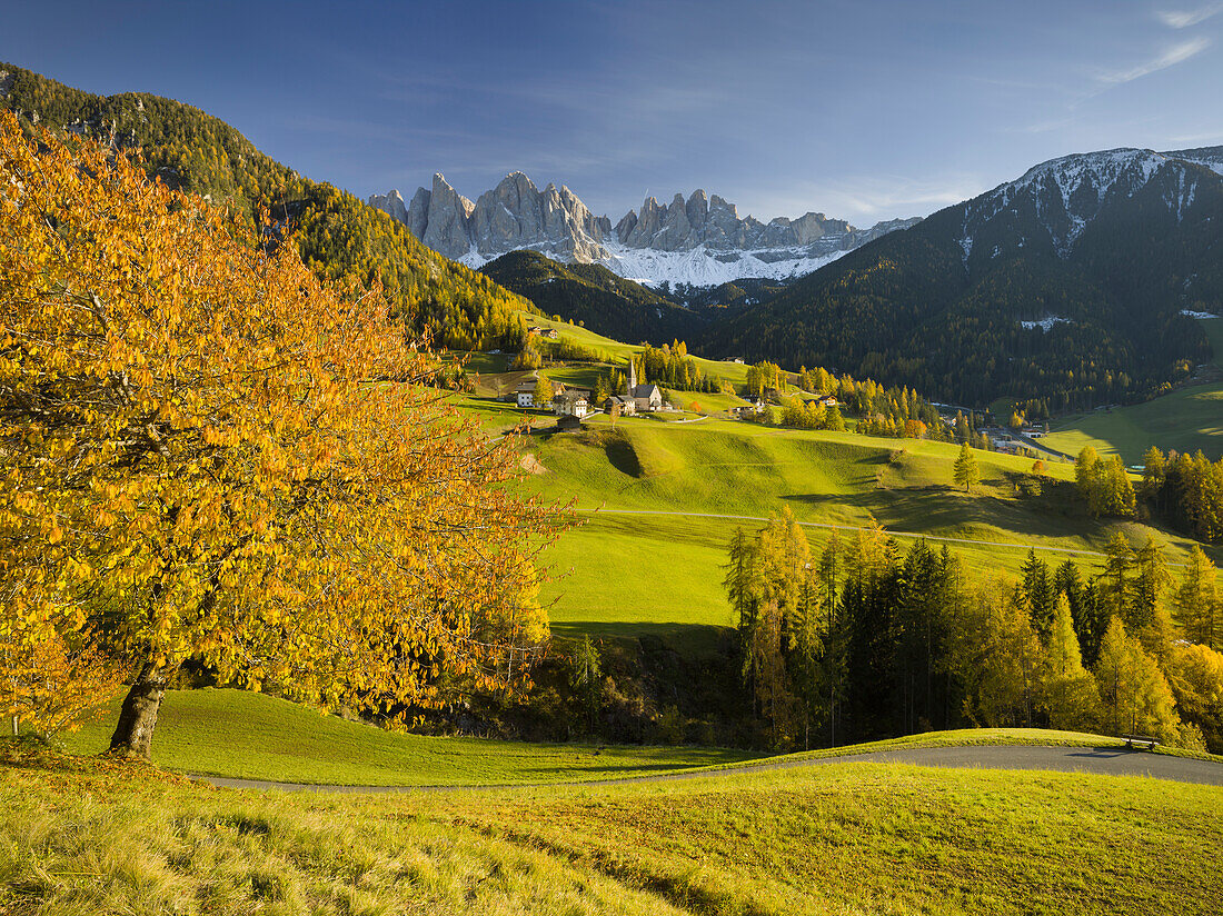 Villnoesstal valley, Santa Maddelena, Geisler Spitzen, Gruppo delle Odle, Alto Adige, South Tyrol, Dolomites, Italy