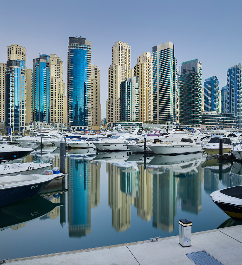 Yachts in the harbour at Dubai Marina and skyscrapers, Dubai, Unites Arab Emirates, UAE