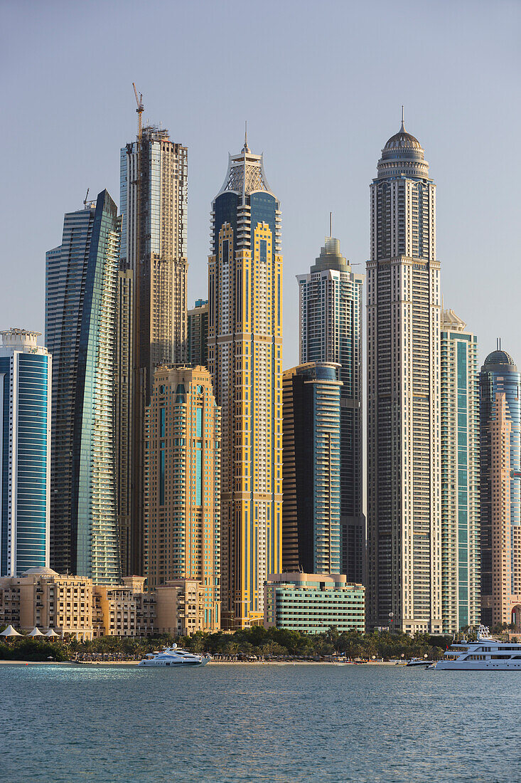 Skyscrapers in the Dubai Marina from the Palm Jumeirah, Dubai, Unites Arab Emirates, UAE